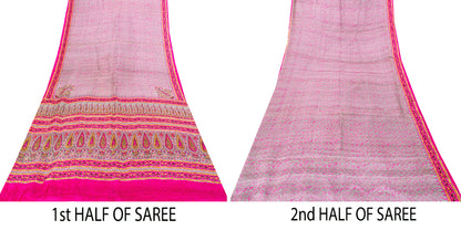 Sanskriti Vintage Sari Soft Pink Pure Silk Rotary Floral Print Saree 6+Yd Craft