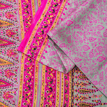 Sanskriti Vintage Sari Soft Pink Pure Silk Rotary Floral Print Saree 6+Yd Craft