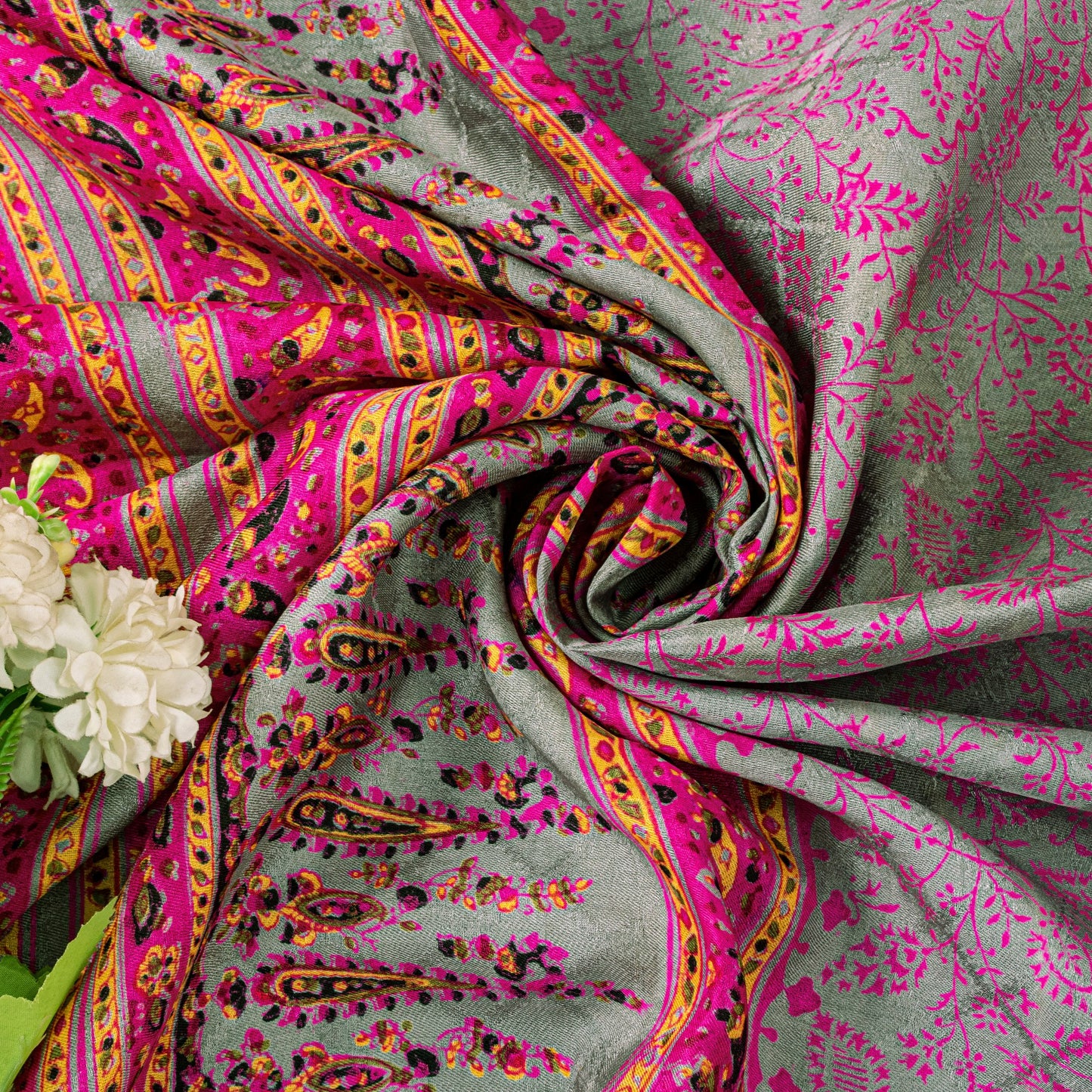 Sanskriti Vintage Sari Soft Pink Pure Silk Rotary Floral Print Saree 6+Yd Craft