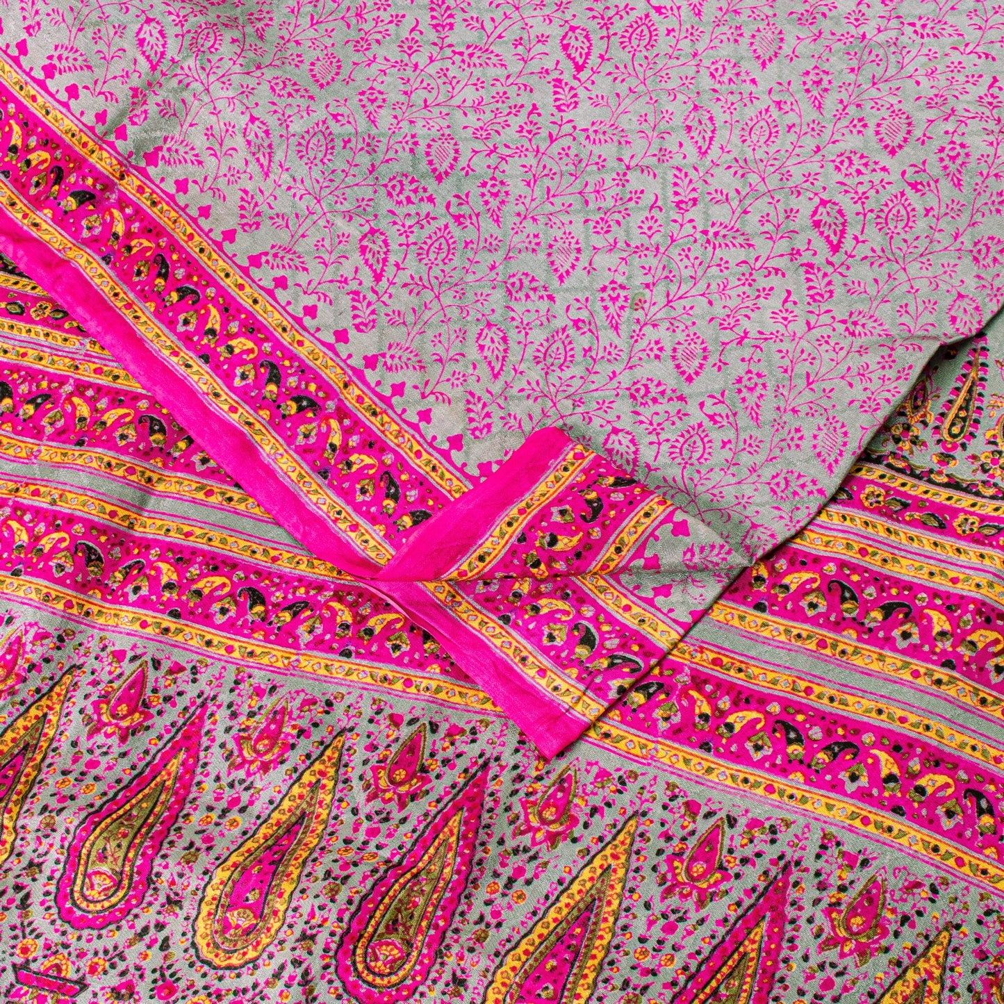 Sanskriti Vintage Sari Soft Pink Pure Silk Rotary Floral Print Saree 6+Yd Craft