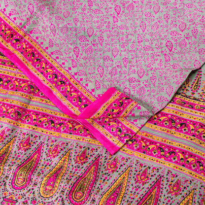 Sanskriti Vintage Sari Soft Pink Pure Silk Rotary Floral Print Saree 6+Yd Craft