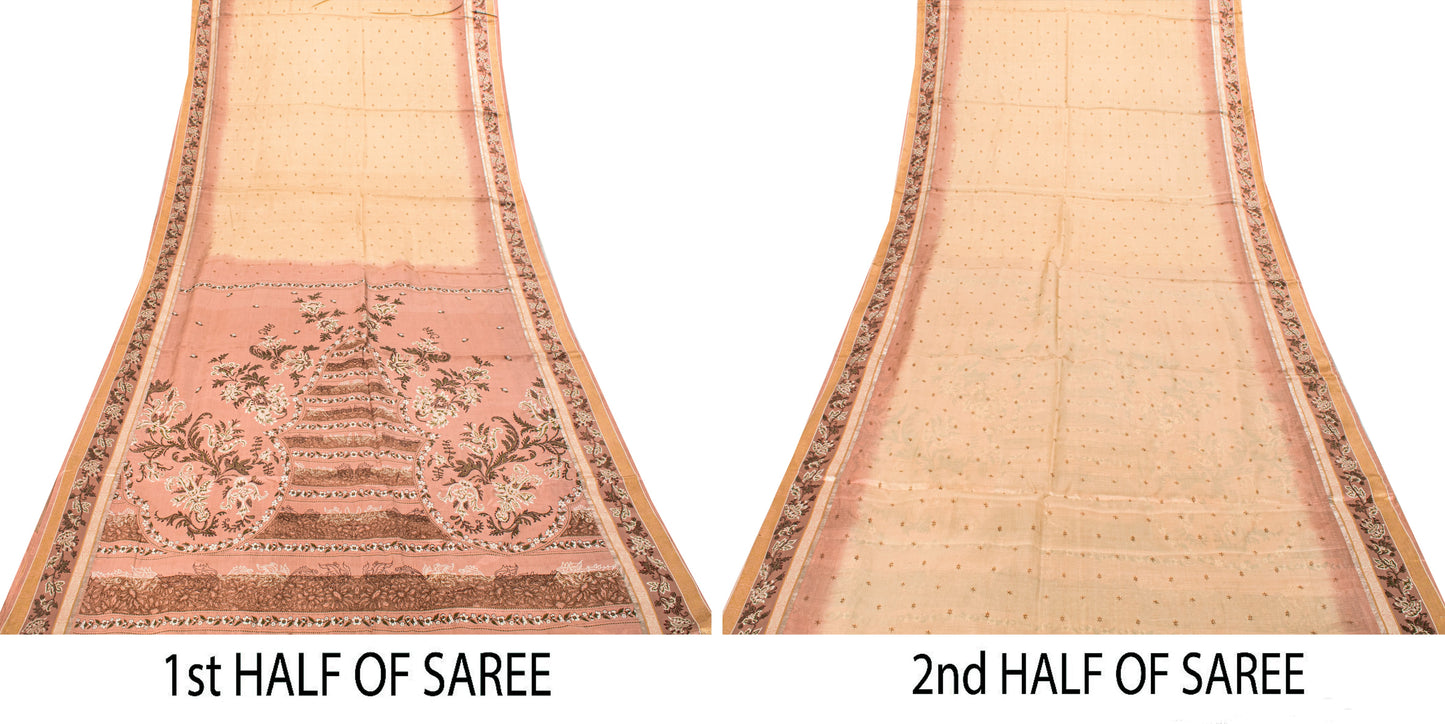Sanskriti Vintage Soft Cream-Pink Pure Silk Sari Digital Print FloralSaree 5.5Yd