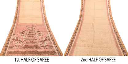 Sanskriti Vintage Soft Cream-Pink Pure Silk Sari Digital Print FloralSaree 5.5Yd