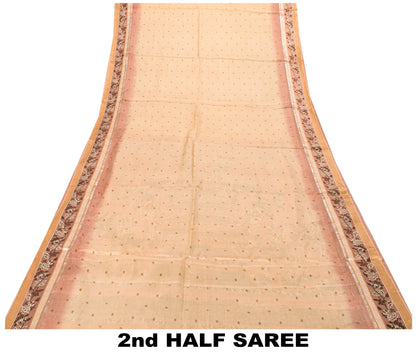 Sanskriti Vintage Soft Cream-Pink Pure Silk Sari Digital Print FloralSaree 5.5Yd