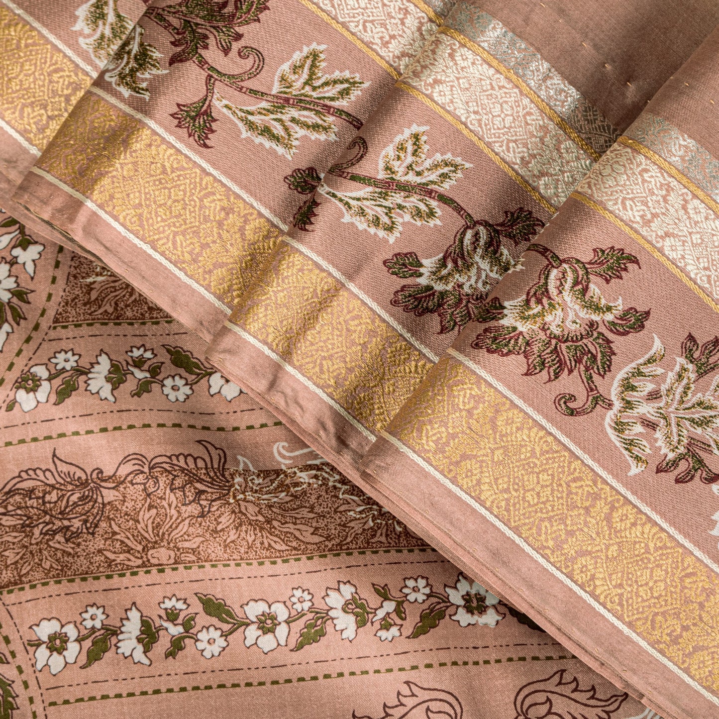 Sanskriti Vintage Soft Cream-Pink Pure Silk Sari Digital Print FloralSaree 5.5Yd