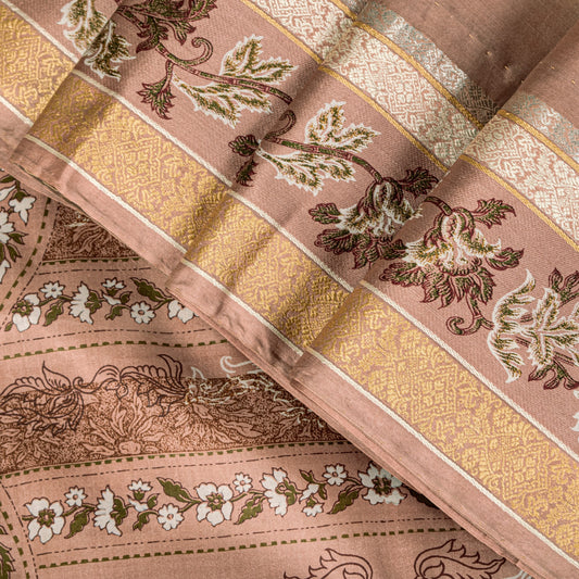 Sanskriti Vintage Soft Cream-Pink Pure Silk Sari Digital Print FloralSaree 5.5Yd