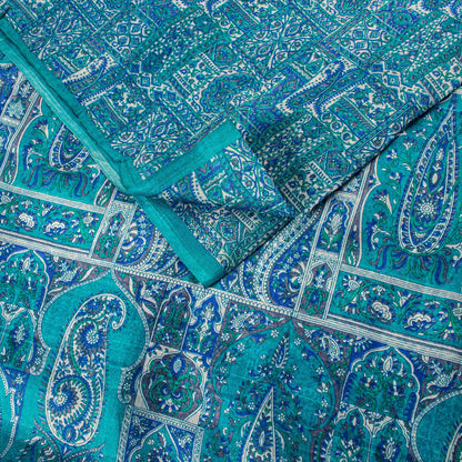 Sanskriti Vintage Blue Soft Pure Silk Sari Floral Digital Print Saree 6Yd Craft