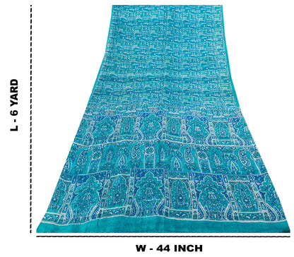 Sanskriti Vintage Blue Soft Pure Silk Sari Floral Digital Print Saree 6Yd Craft