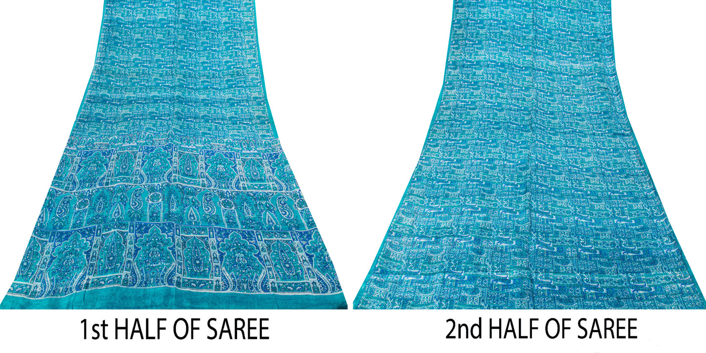 Sanskriti Vintage Blue Soft Pure Silk Sari Floral Digital Print Saree 6Yd Craft