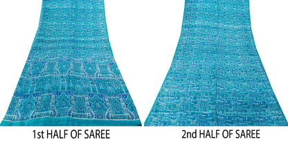 Sanskriti Vintage Blue Soft Pure Silk Sari Floral Digital Print Saree 6Yd Craft