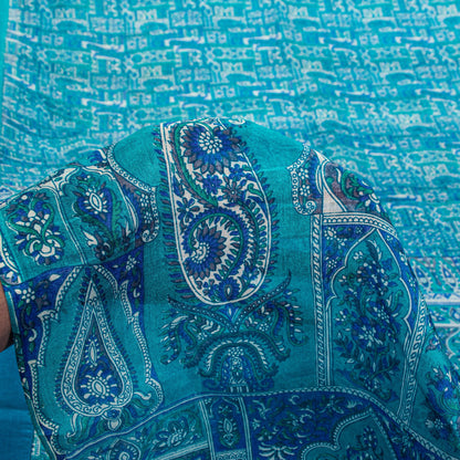 Sanskriti Vintage Blue Soft Pure Silk Sari Floral Digital Print Saree 6Yd Craft