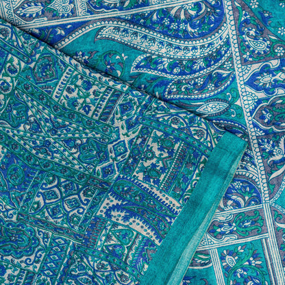 Sanskriti Vintage Blue Soft Pure Silk Sari Floral Digital Print Saree 6Yd Craft