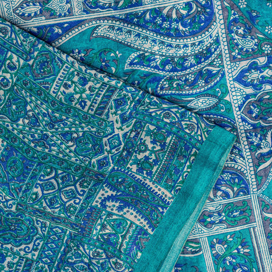 Sanskriti Vintage Blue Soft Pure Silk Sari Floral Digital Print Saree 6Yd Craft