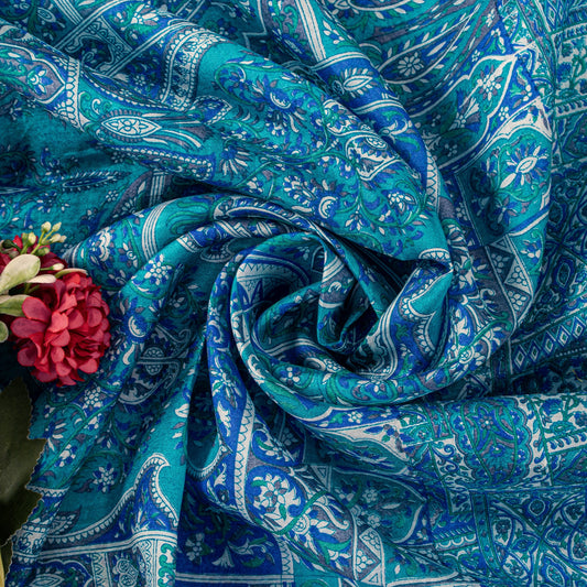 Sanskriti Vintage Blue Soft Pure Silk Sari Floral Digital Print Saree 6Yd Craft