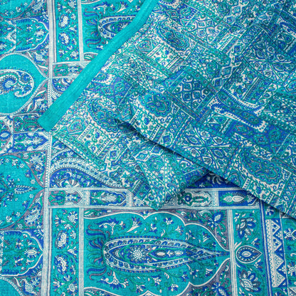 Sanskriti Vintage Blue Soft Pure Silk Sari Floral Digital Print Saree 6Yd Craft