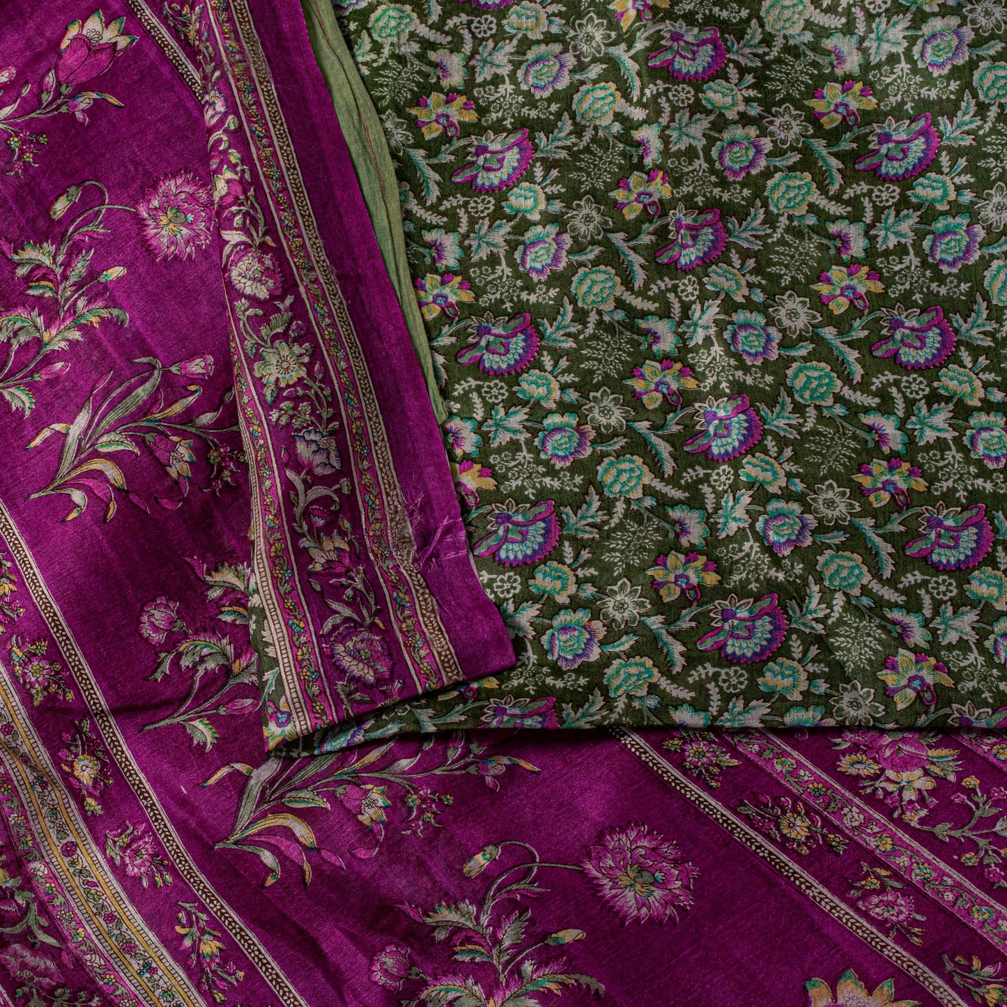 Sanskriti Vintage Green-Purple Pure Silk Sari Floral Digital Printed Saree 5.5Yd