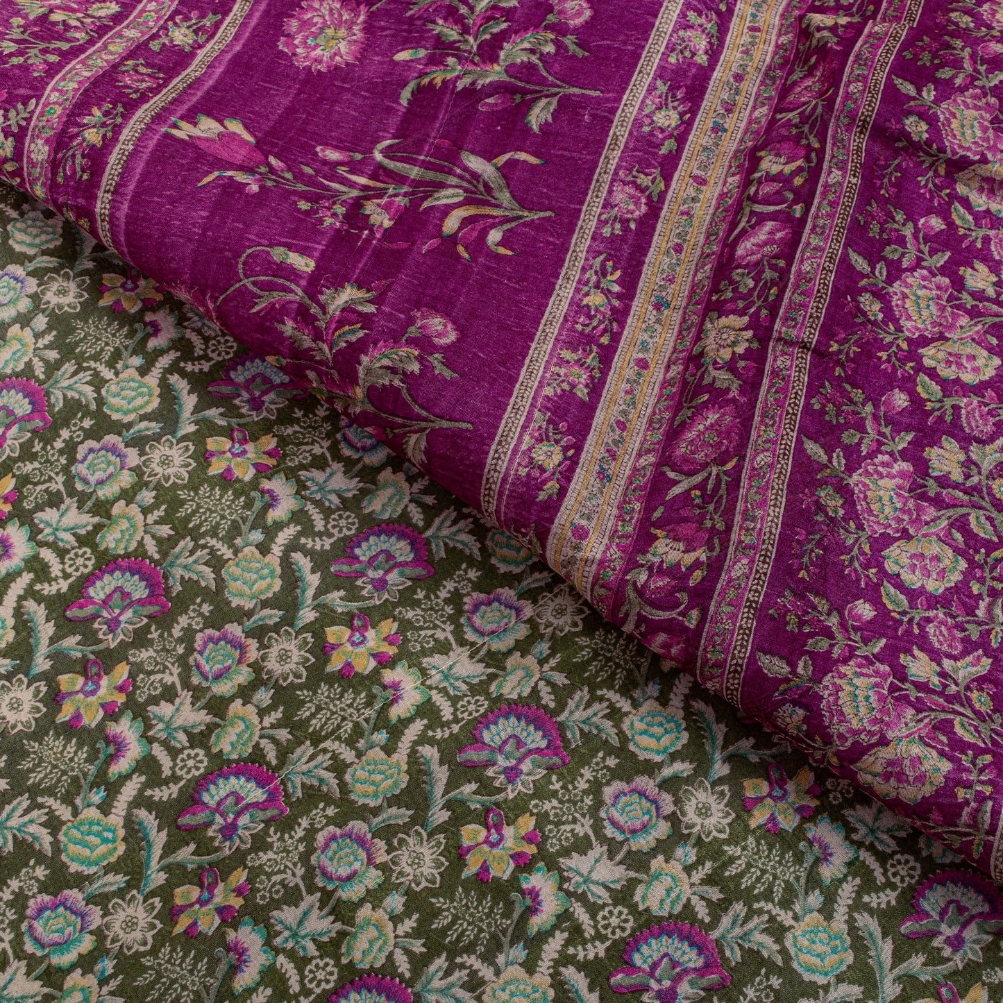 Sanskriti Vintage Green-Purple Pure Silk Sari Floral Digital Printed Saree 5.5Yd
