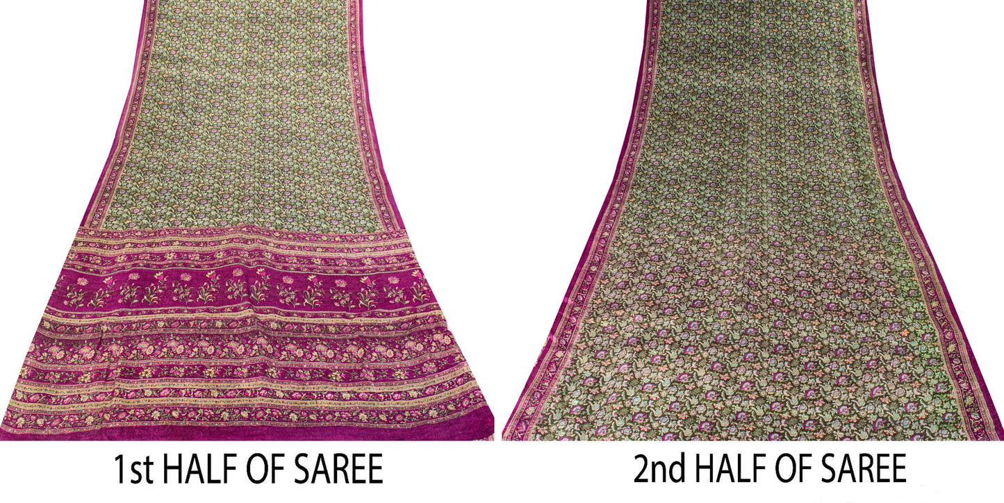 Sanskriti Vintage Green-Purple Pure Silk Sari Floral Digital Printed Saree 5.5Yd