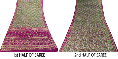 Sanskriti Vintage Green-Purple Pure Silk Sari Floral Digital Printed Saree 5.5Yd