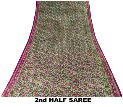 Sanskriti Vintage Green-Purple Pure Silk Sari Floral Digital Printed Saree 5.5Yd