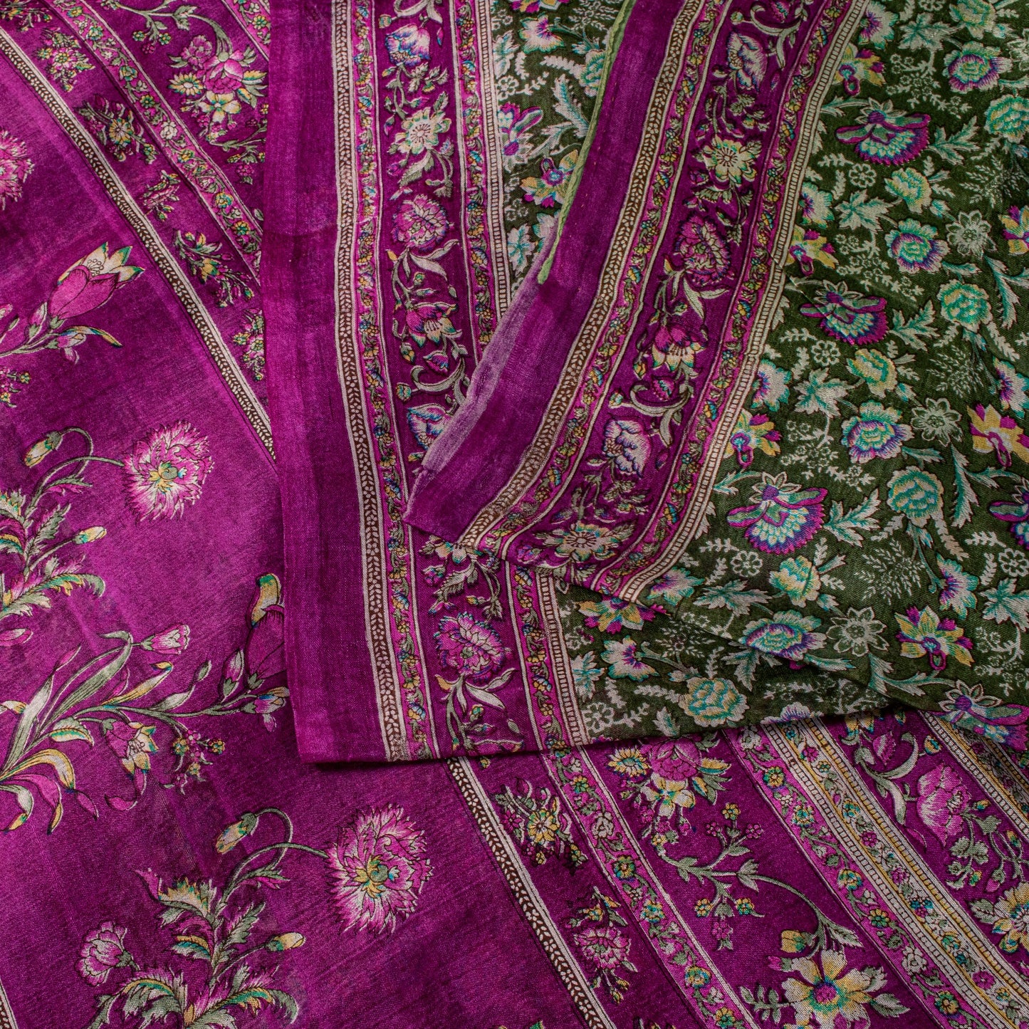 Sanskriti Vintage Green-Purple Pure Silk Sari Floral Digital Printed Saree 5.5Yd
