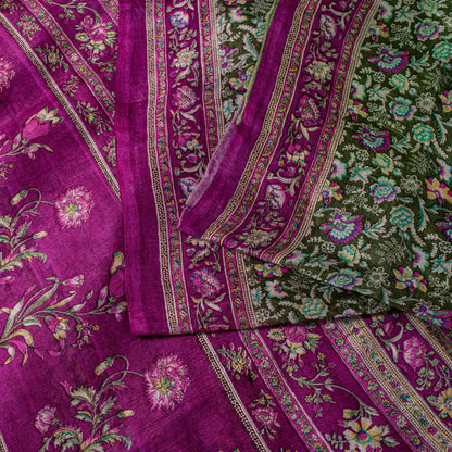 Sanskriti Vintage Green-Purple Pure Silk Sari Floral Digital Printed Saree 5.5Yd