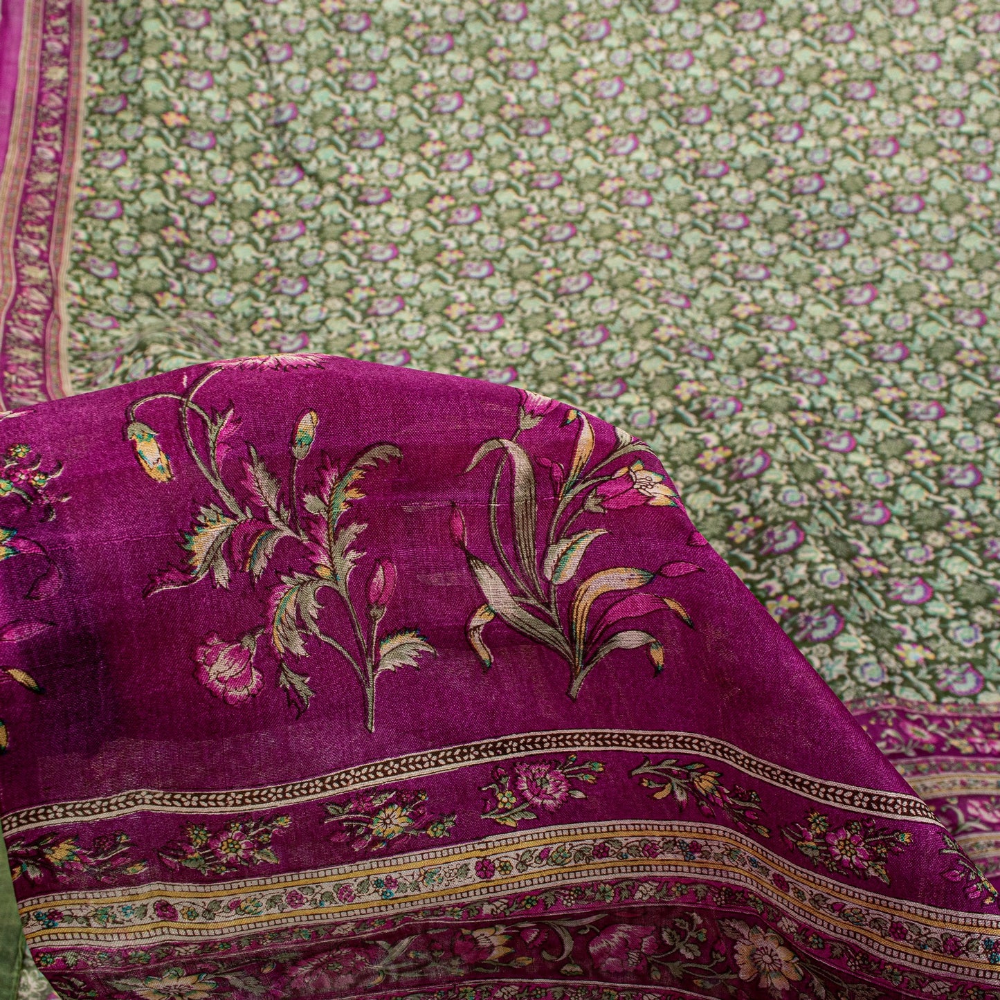 Sanskriti Vintage Green-Purple Pure Silk Sari Floral Digital Printed Saree 5.5Yd