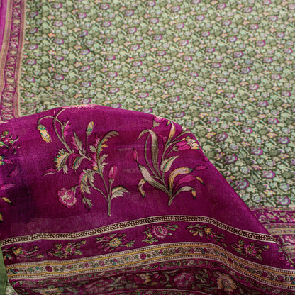 Sanskriti Vintage Green-Purple Pure Silk Sari Floral Digital Printed Saree 5.5Yd