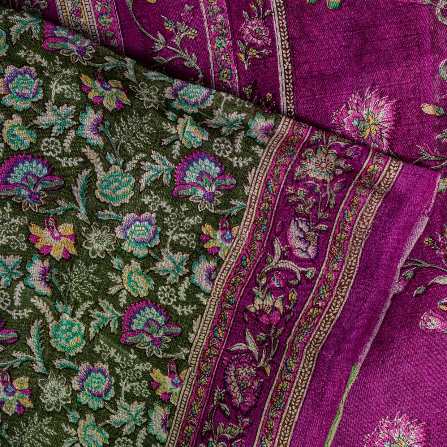 Sanskriti Vintage Green-Purple Pure Silk Sari Floral Digital Printed Saree 5.5Yd