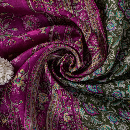 Sanskriti Vintage Green-Purple Pure Silk Sari Floral Digital Printed Saree 5.5Yd