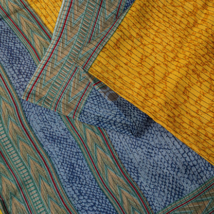 Sanskriti Vintage Saree Soft Blue-Yellow Pure Silk Abstract Printed Sari 5.5+Yd