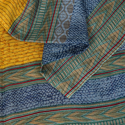 Sanskriti Vintage Saree Soft Blue-Yellow Pure Silk Abstract Printed Sari 5.5+Yd