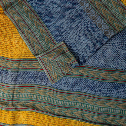 Sanskriti Vintage Saree Soft Blue-Yellow Pure Silk Abstract Printed Sari 5.5+Yd