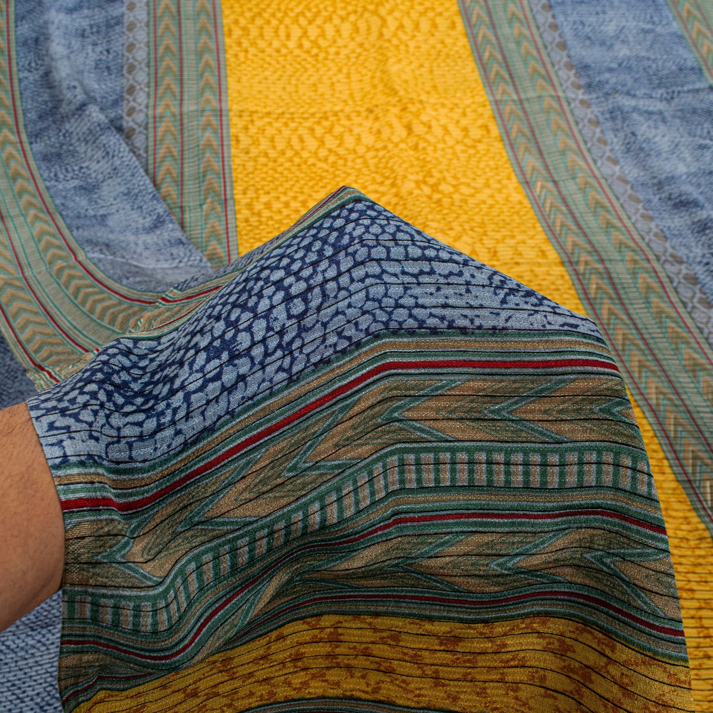 Sanskriti Vintage Saree Soft Blue-Yellow Pure Silk Abstract Printed Sari 5.5+Yd