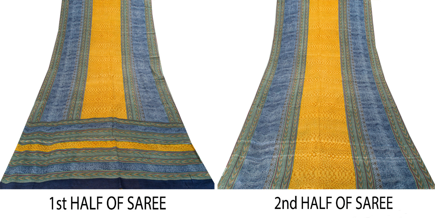 Sanskriti Vintage Saree Soft Blue-Yellow Pure Silk Abstract Printed Sari 5.5+Yd