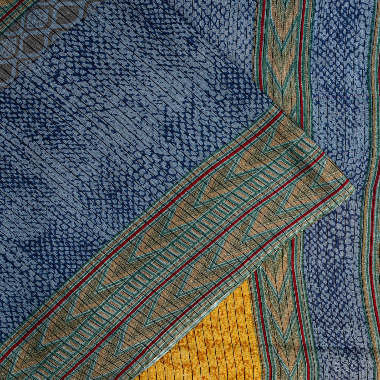 Sanskriti Vintage Saree Soft Blue-Yellow Pure Silk Abstract Printed Sari 5.5+Yd