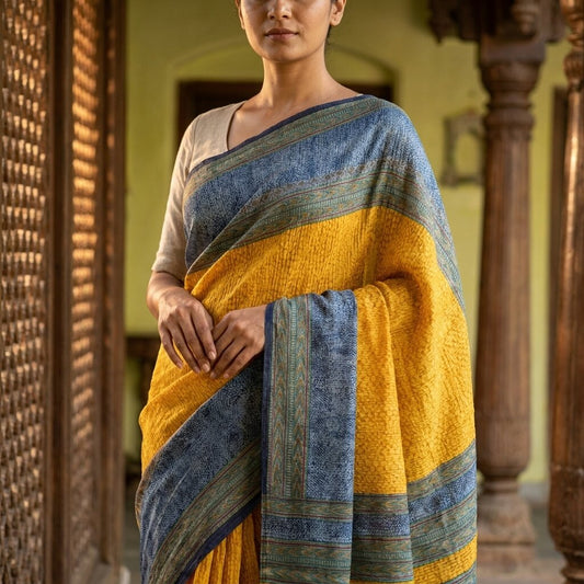 Sanskriti Vintage Saree Soft Blue-Yellow Pure Silk Abstract Printed Sari 5.5+Yd