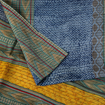 Sanskriti Vintage Saree Soft Blue-Yellow Pure Silk Abstract Printed Sari 5.5+Yd