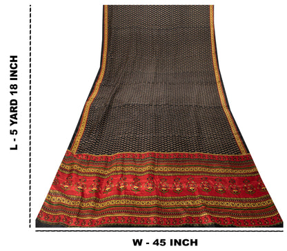 Sanskriti Vintage Soft Black Pure Silk Sari Floral Rotary Printed Saree 5.5Yd