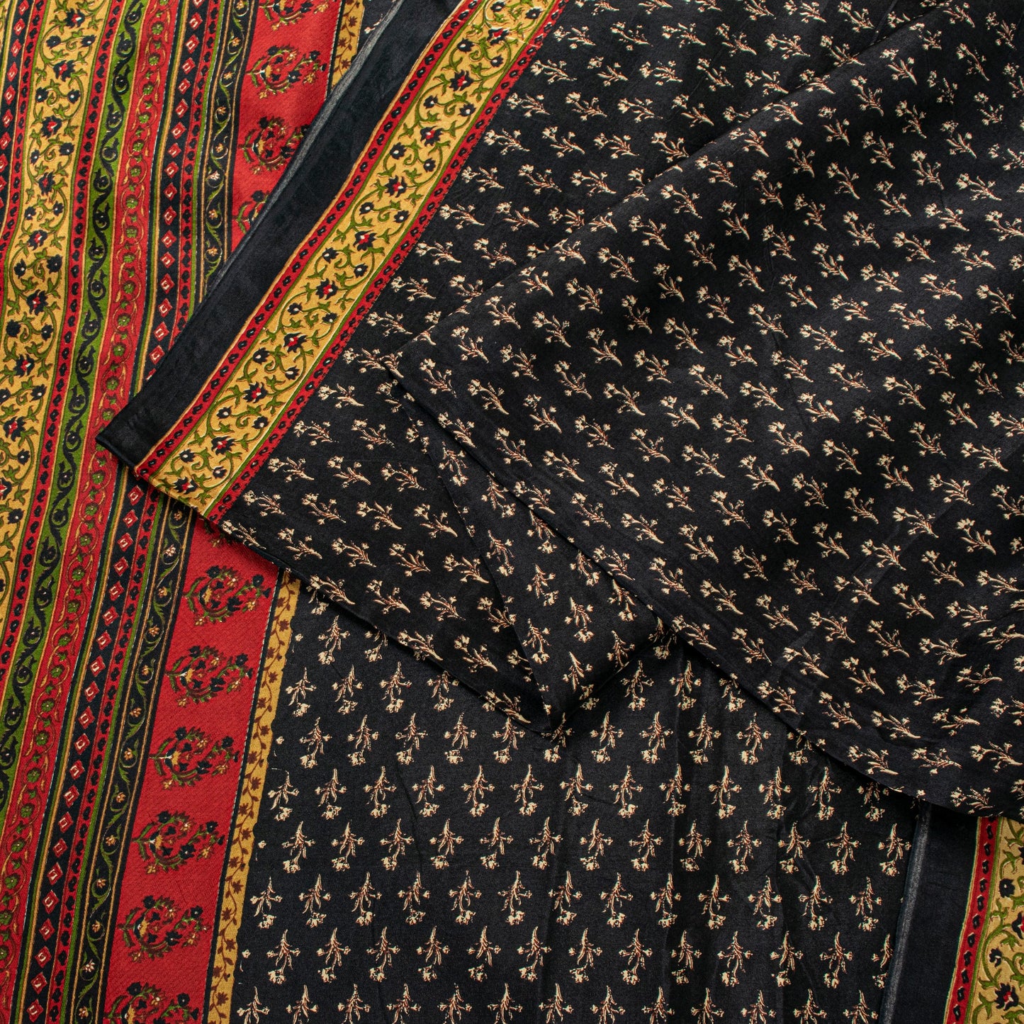 Sanskriti Vintage Soft Black Pure Silk Sari Floral Rotary Printed Saree 5.5Yd