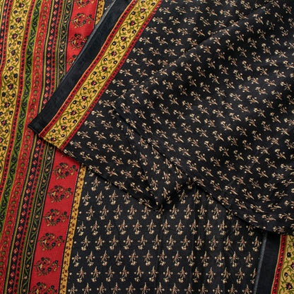 Sanskriti Vintage Soft Black Pure Silk Sari Floral Rotary Printed Saree 5.5Yd