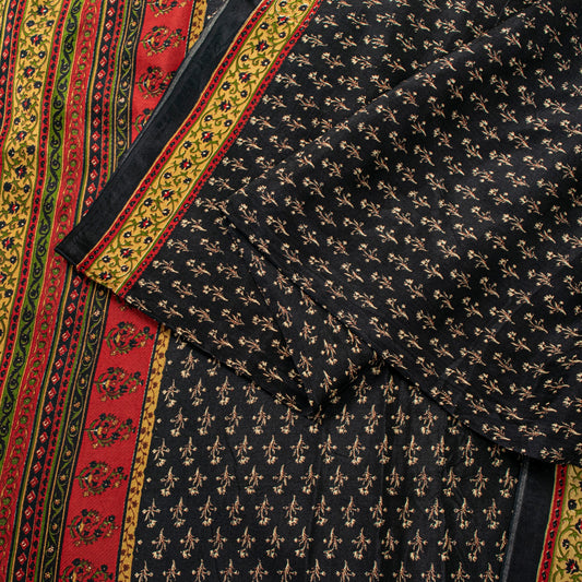 Sanskriti Vintage Soft Black Pure Silk Sari Floral Rotary Printed Saree 5.5Yd