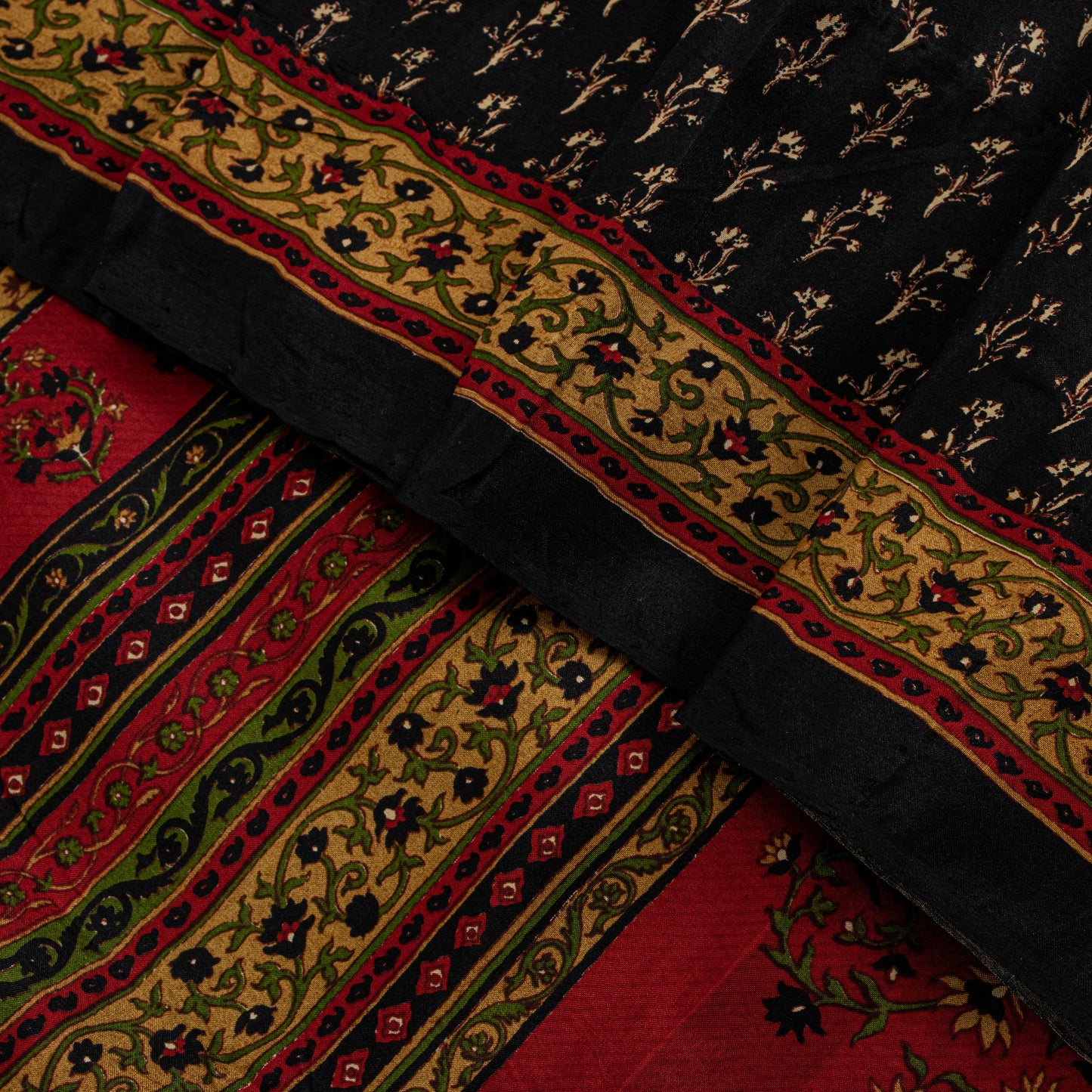 Sanskriti Vintage Soft Black Pure Silk Sari Floral Rotary Printed Saree 5.5Yd