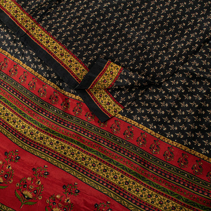 Sanskriti Vintage Soft Black Pure Silk Sari Floral Rotary Printed Saree 5.5Yd