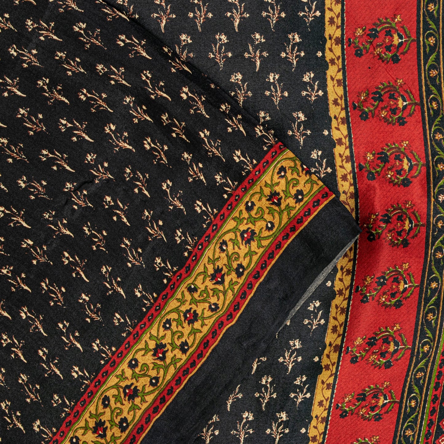 Sanskriti Vintage Soft Black Pure Silk Sari Floral Rotary Printed Saree 5.5Yd