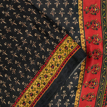 Sanskriti Vintage Soft Black Pure Silk Sari Floral Rotary Printed Saree 5.5Yd