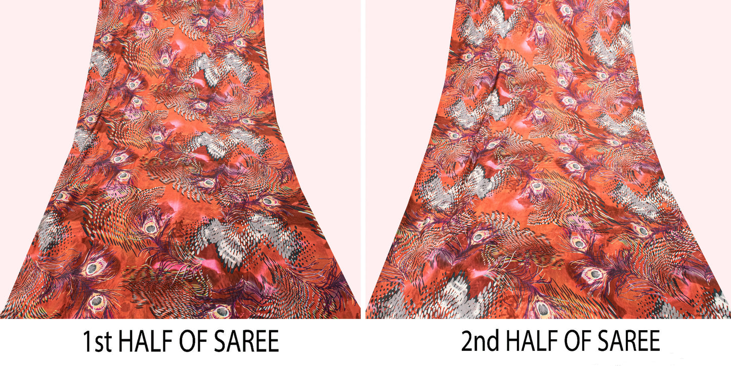 Sanskriti Vintage Soft Orange Pure Silk Sari Feather Digital Print Saree 6.5+Yd