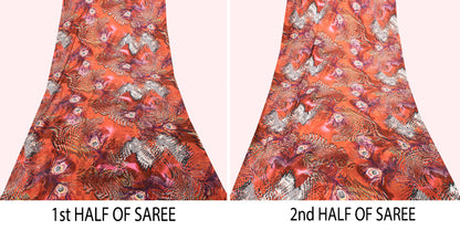 Sanskriti Vintage Soft Orange Pure Silk Sari Feather Digital Print Saree 6.5+Yd
