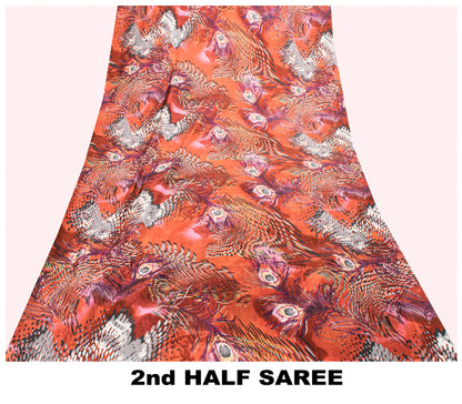 Sanskriti Vintage Soft Orange Pure Silk Sari Feather Digital Print Saree 6.5+Yd