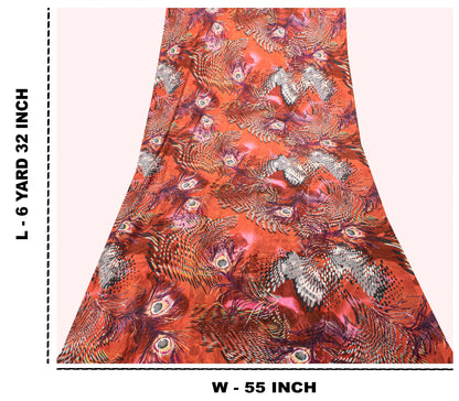 Sanskriti Vintage Soft Orange Pure Silk Sari Feather Digital Print Saree 6.5+Yd